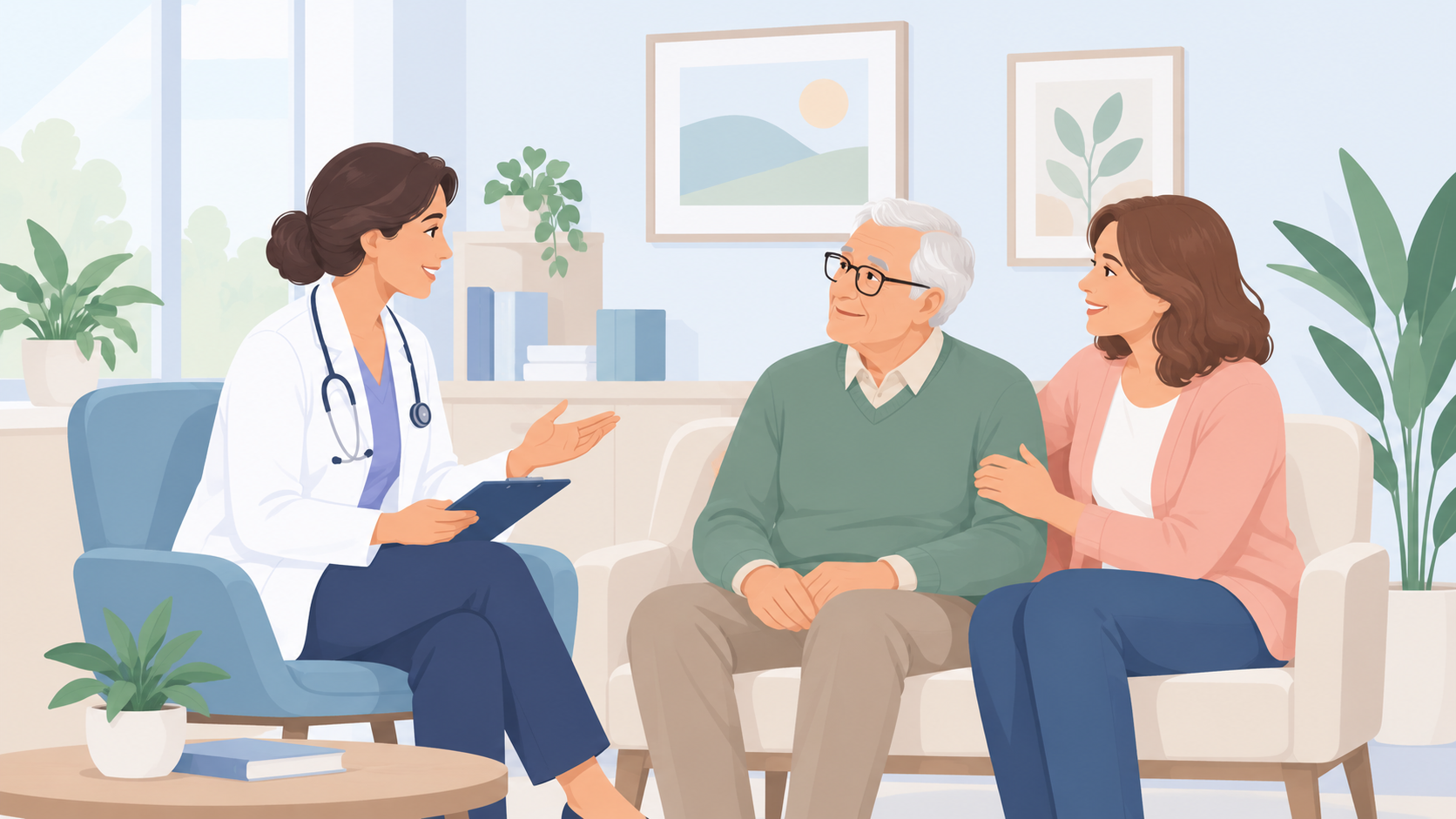Caregiver familiare con genitore anziano durante un colloquio con una professionista sanitaria
