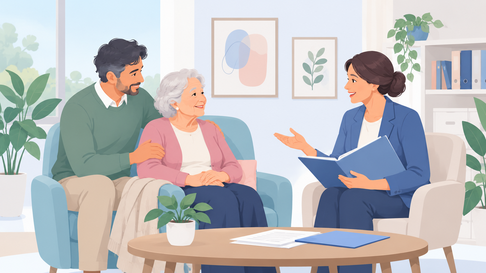 Persona anziana con caregiver durante un colloquio di orientamento sull'indennità di accompagnamento
