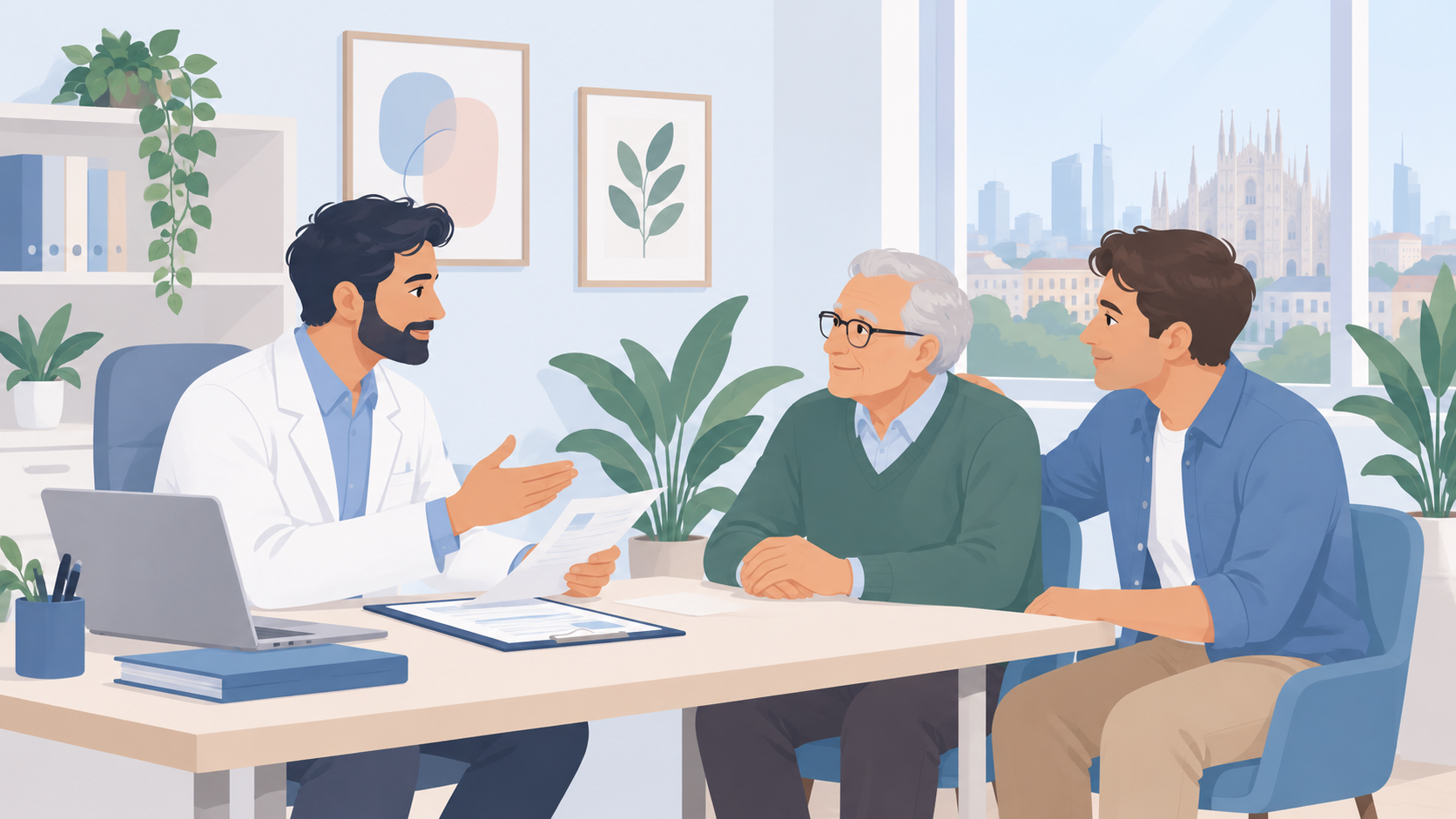 Persona anziana e caregiver durante un colloquio sulla procedura di invalidità civile a Milano