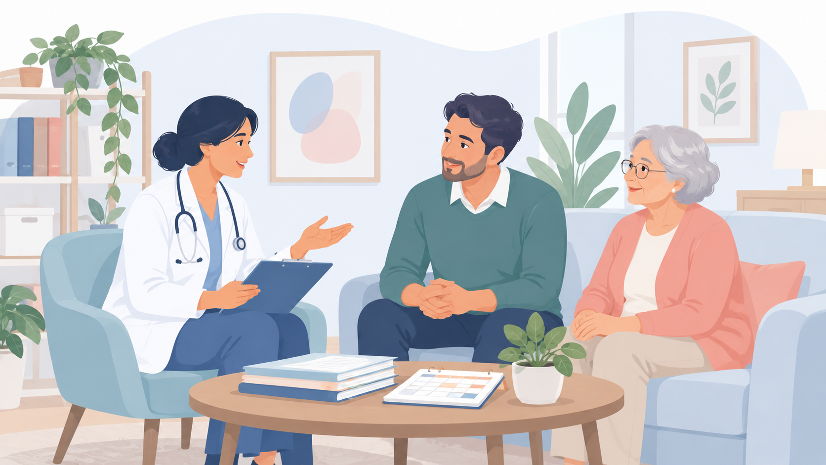 Familiare e persona anziana durante un colloquio sanitario con documenti e calendario per organizzare la cura