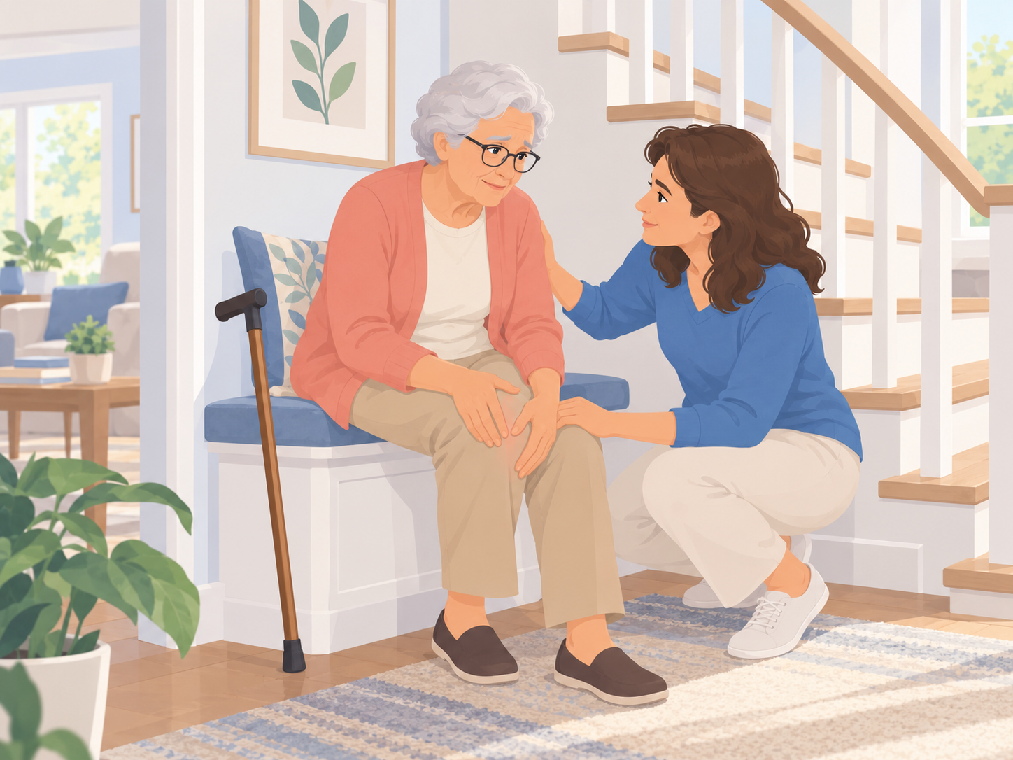 Illustrazione di una persona anziana con dolore al ginocchio assistita da una caregiver vicino alle scale