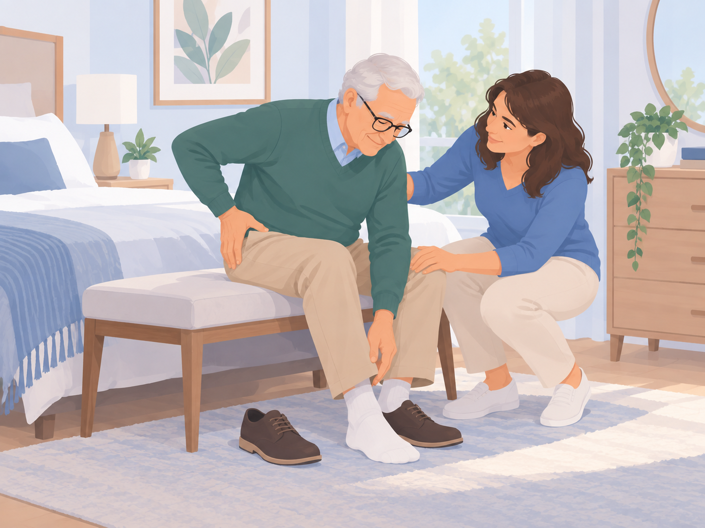 Illustrazione di una persona anziana con dolore all’anca assistita da una caregiver a casa