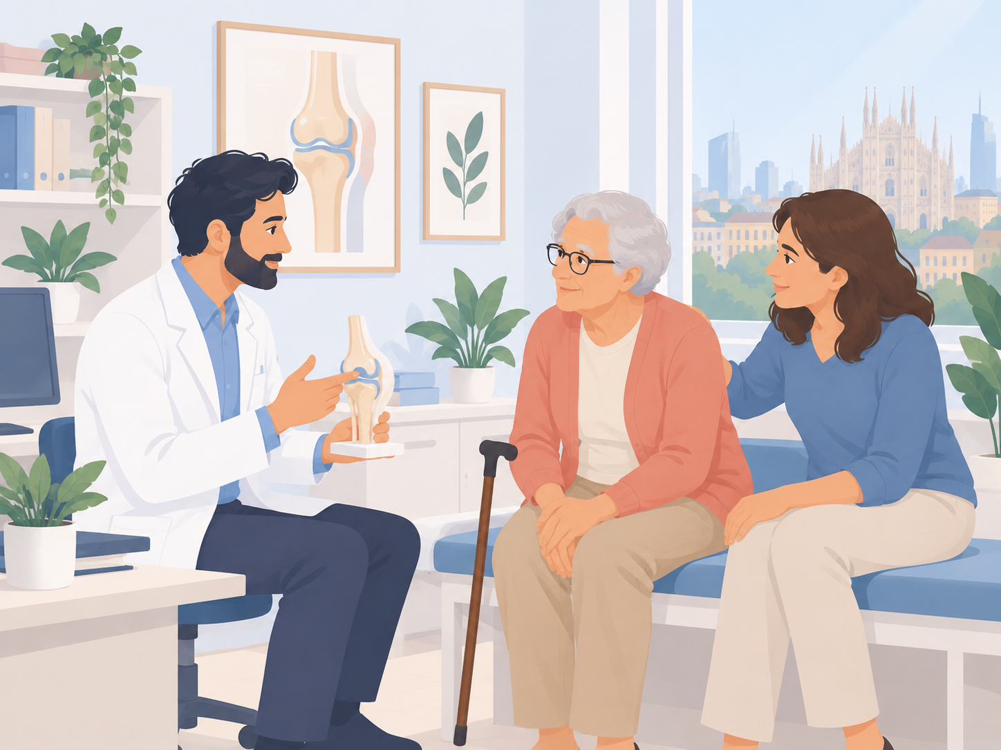 Illustrazione di una visita ortopedica con una persona anziana, caregiver e modello articolare
